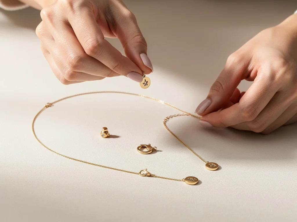 Due mani compongono una collana con i ciondoli